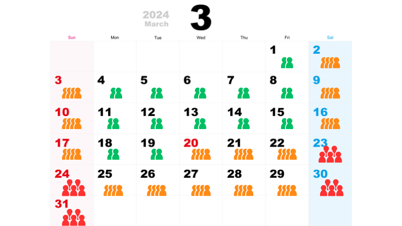 2024年3月の混雑カレンダー