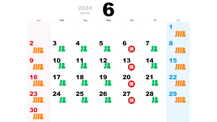 神戸どうぶつ王国の6月の混雑状況カレンダー