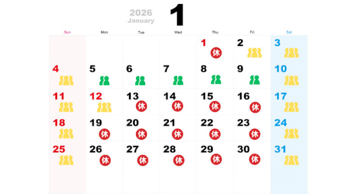 １月の混雑状況カレンダー